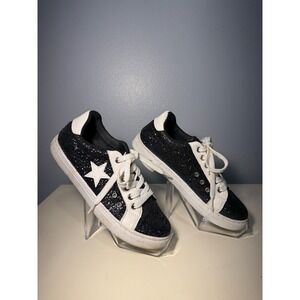 Outwoods Womens Black Glitter Star Sneakers Lace Up Size 8